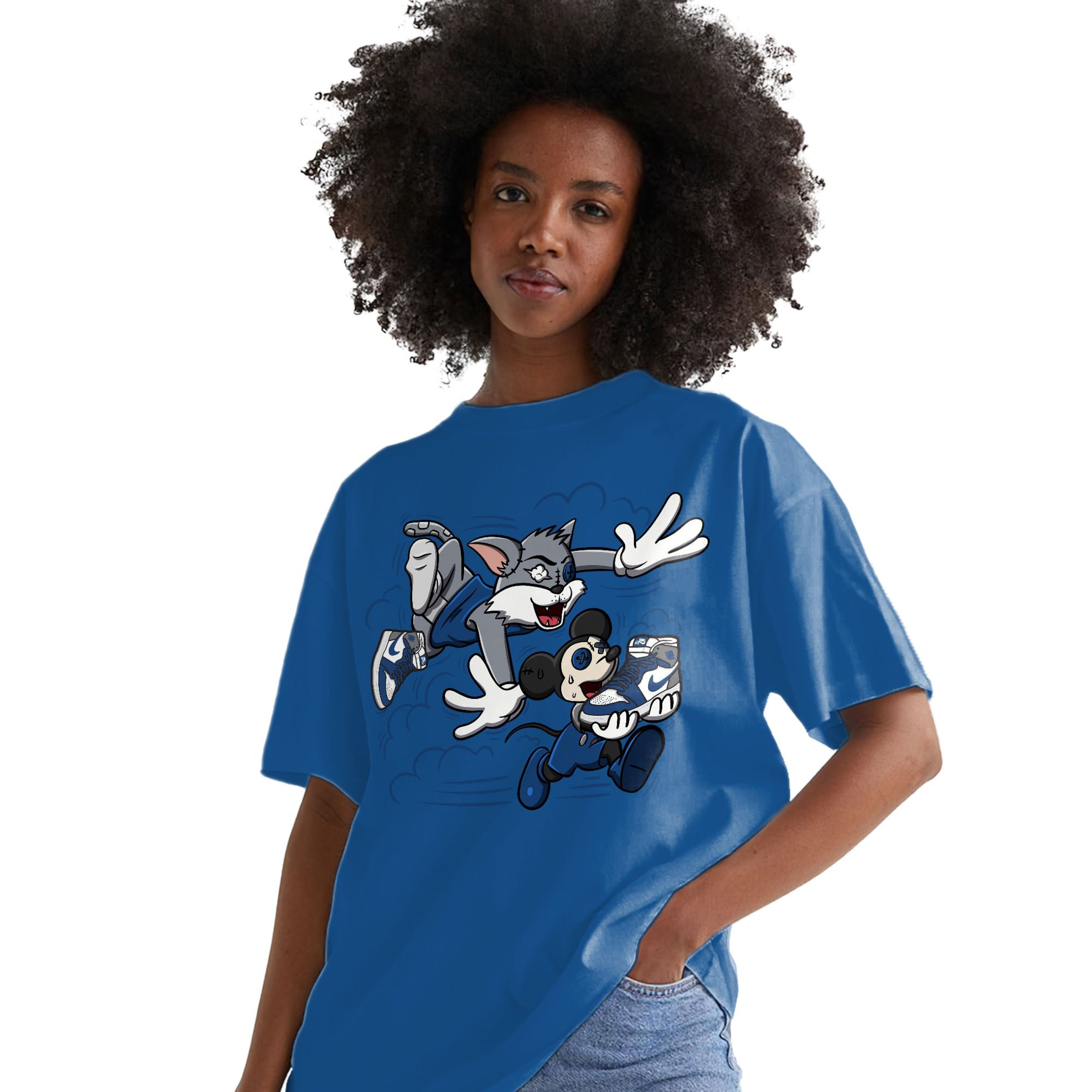 Cat And Mouse Chasing Shirt Match Jordan 1 High OG True Blue Shirt In Color Royal