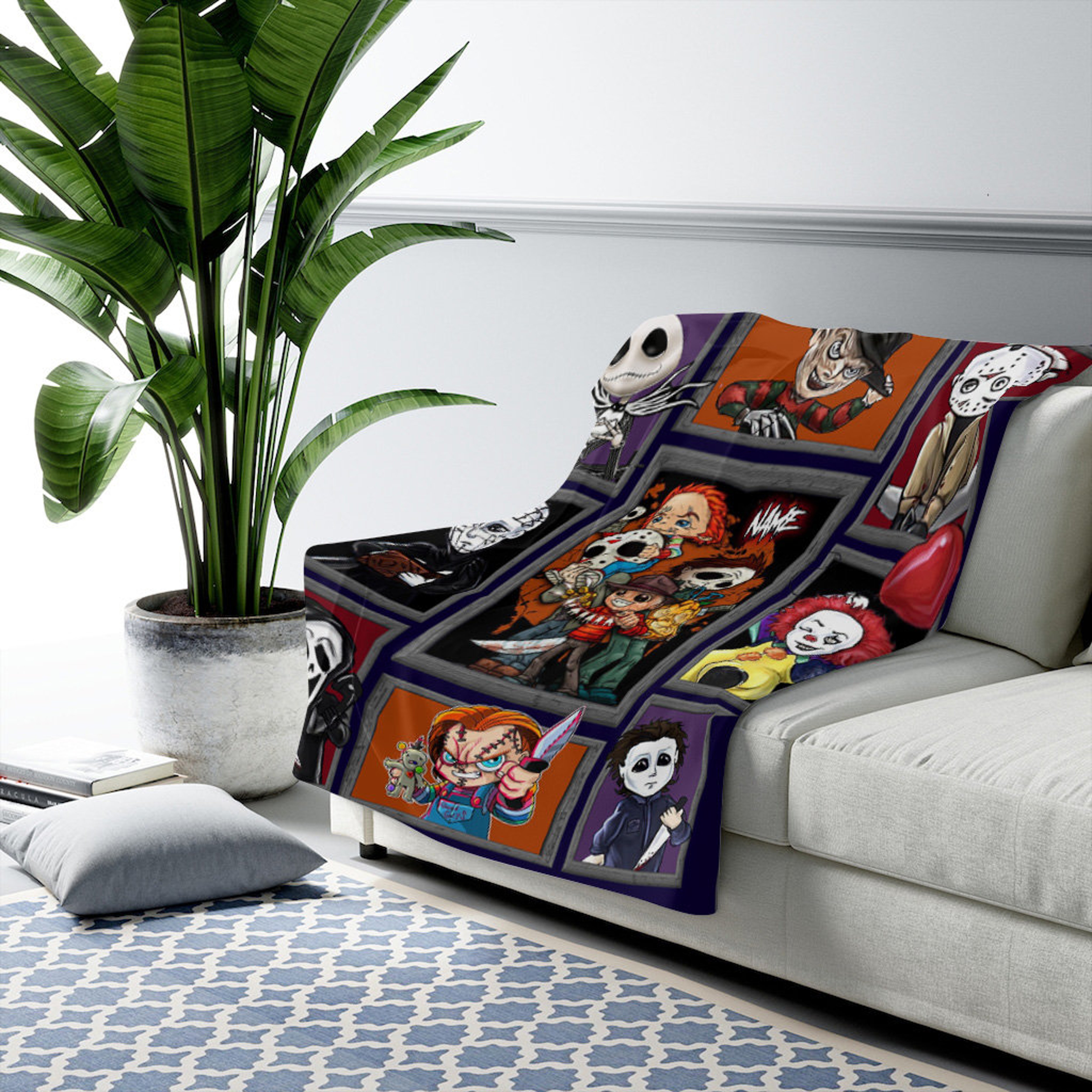 Chibi Horror Characters Blanket - Movie Character Gift - Halloween Scary Movie Custom Name