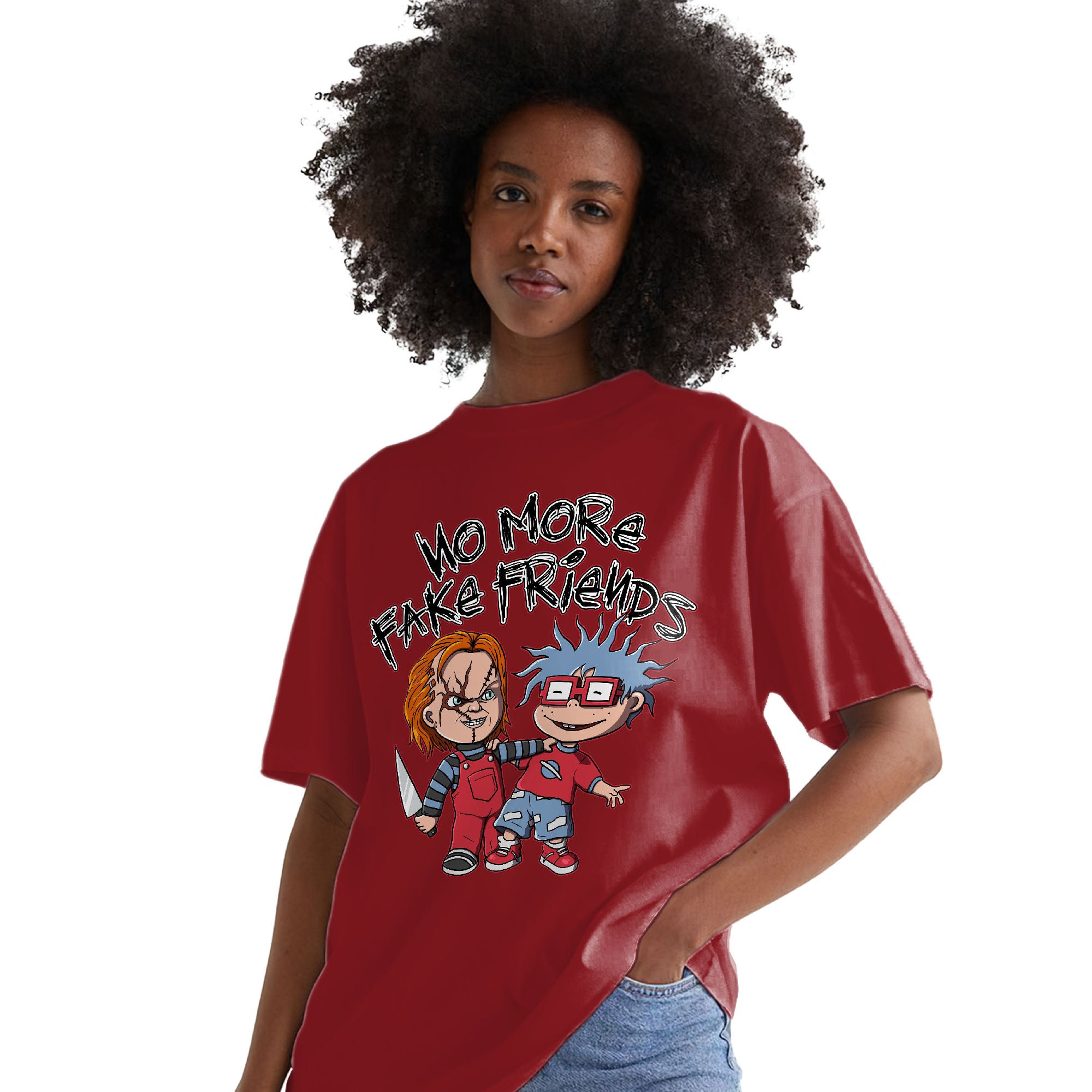 Chuckie No More Fake Friends Shirt Match Jordan 6 Toro Bravo Shirt In Color cherry Red