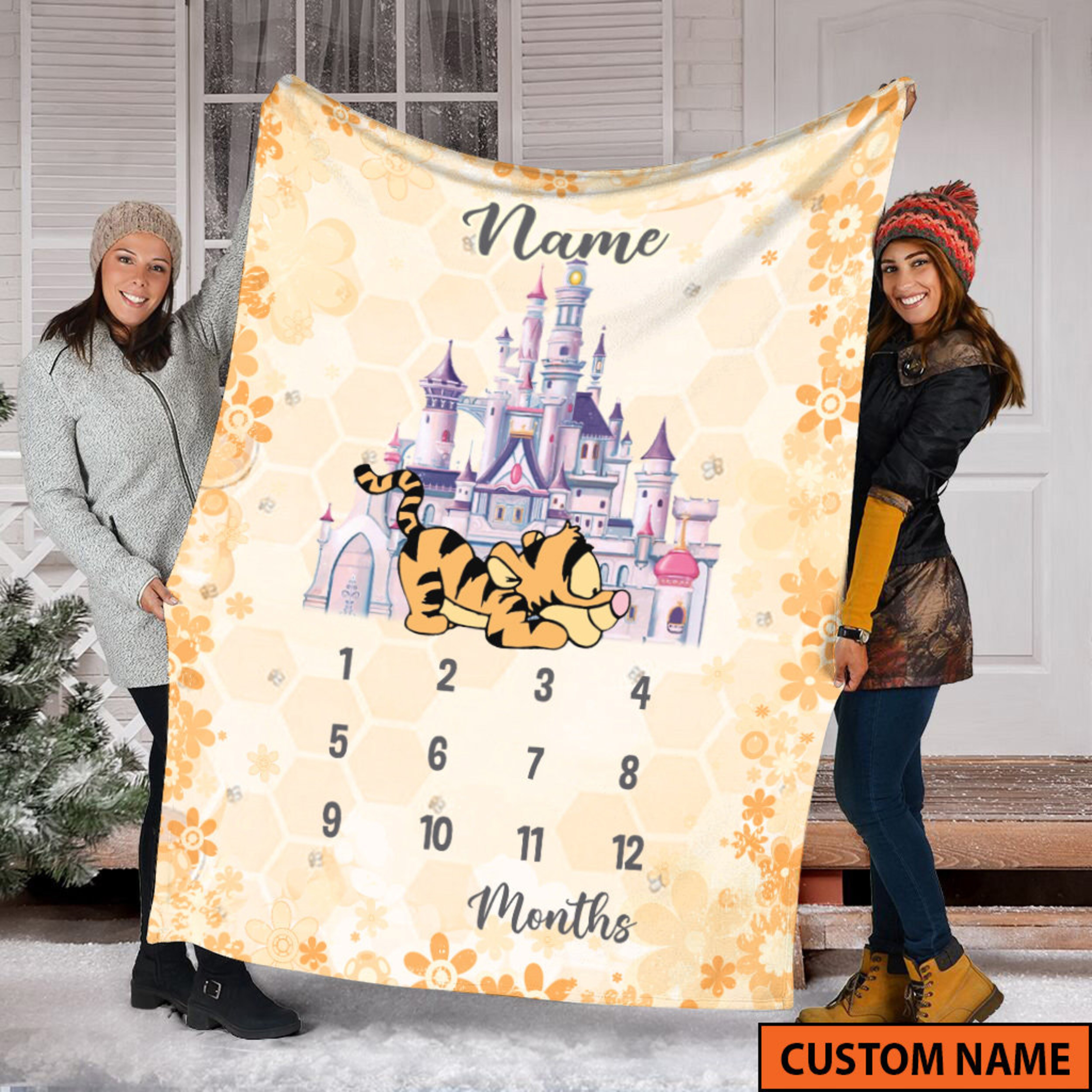 Classic Tiger Winnie-the-Pooh Bear Baby Milestone Quilt Blanket, Personalized Growth Blankets, Sherpa Blanket, Birthday Gift