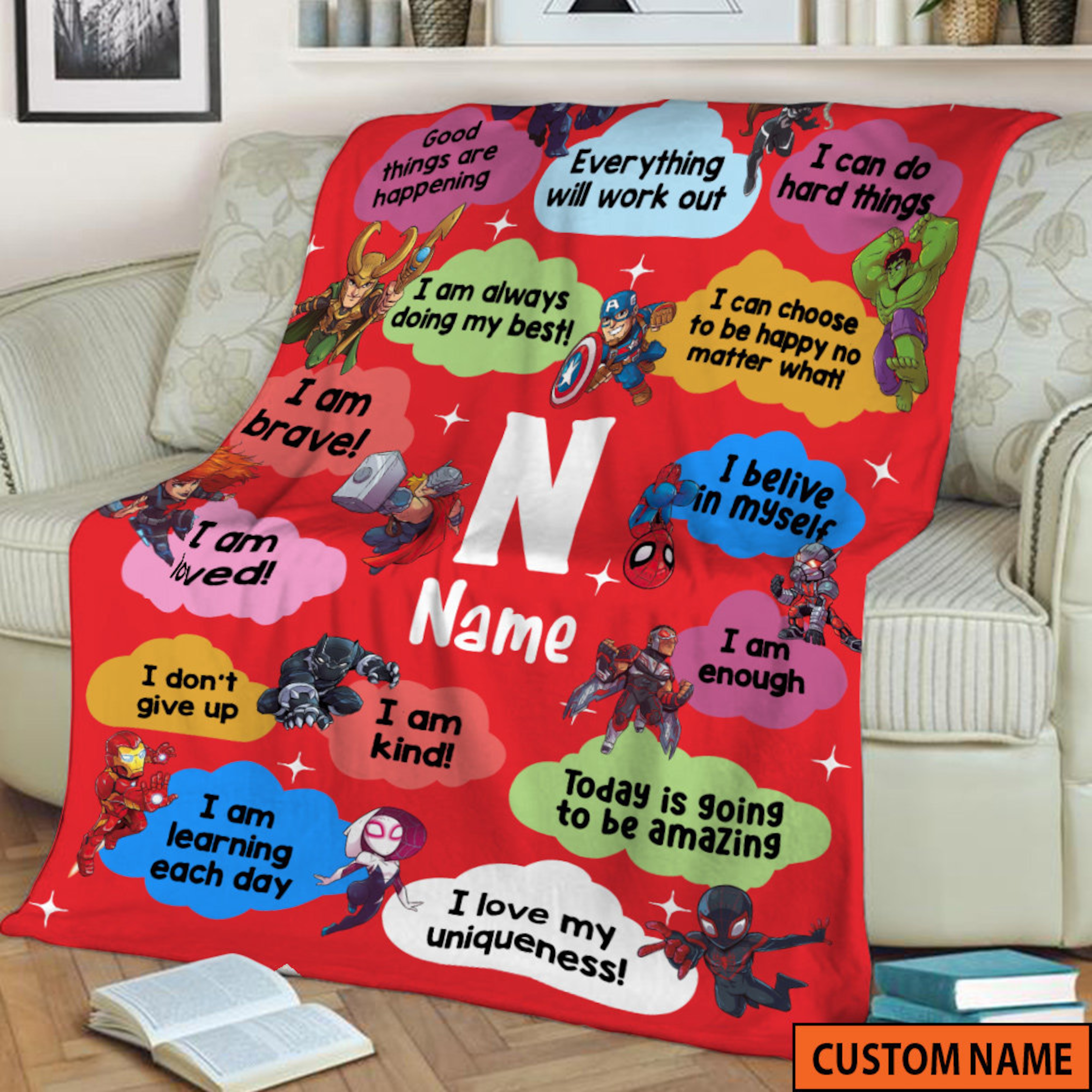 Custom Hero Baby Name Quilt Blanket, Marvel Fleece Sherpa Blanket, Hulk Spidey Gwen Design, Baby Birthday Gift, Home Decoration