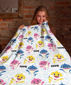Custom Name Baby Shark Quilt Blanket, Family Shark Party