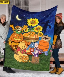 Custom Name Blanket - Halloween Winnie The Pooh - Pumpkin Thanksgiving Tiger Eeyore Piglet