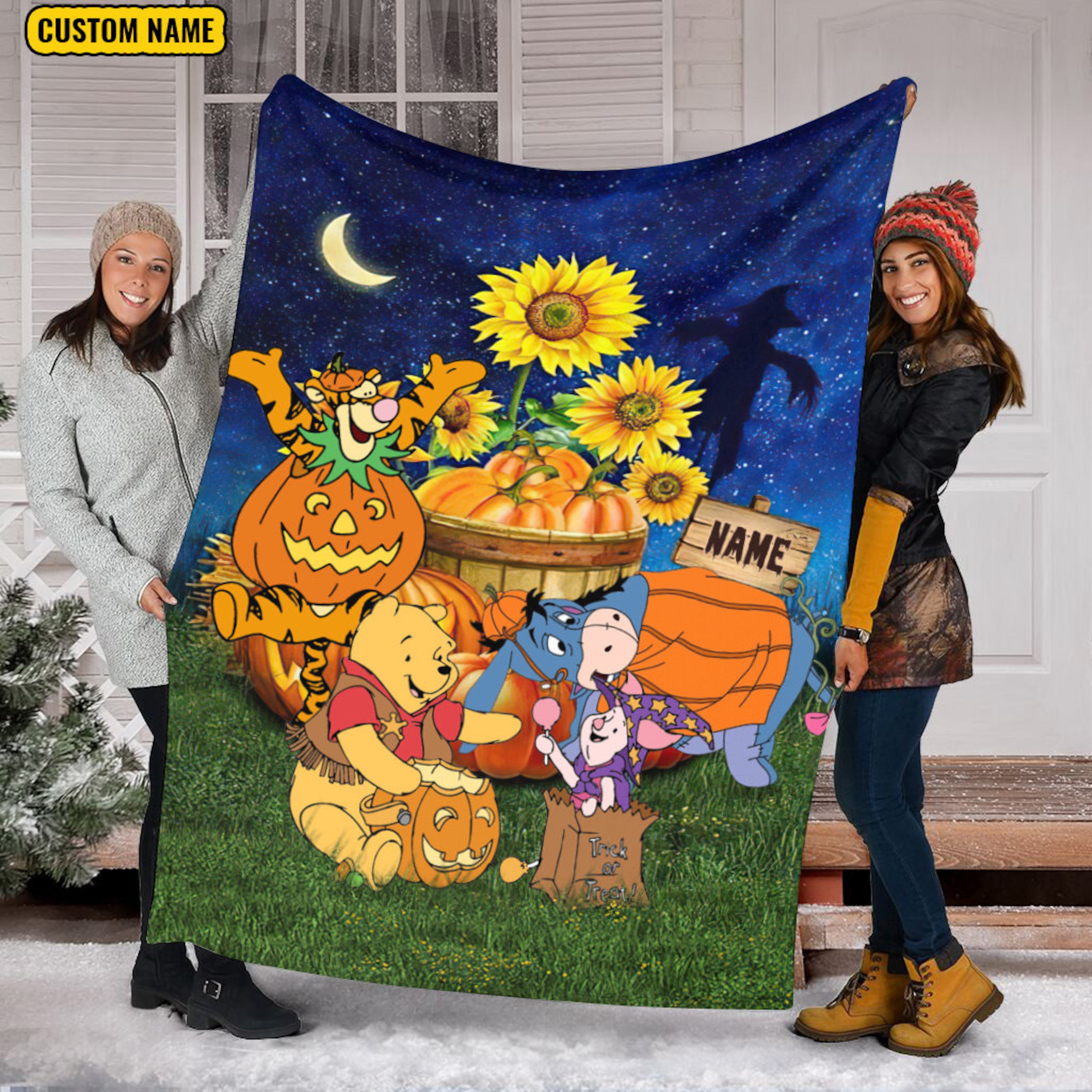 Custom Name Blanket - Halloween Winnie The Pooh - Pumpkin Thanksgiving Tiger Eeyore Piglet