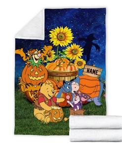 Custom Name Blanket - Halloween Winnie The Pooh - Pumpkin Thanksgiving Tiger Eeyore Piglet