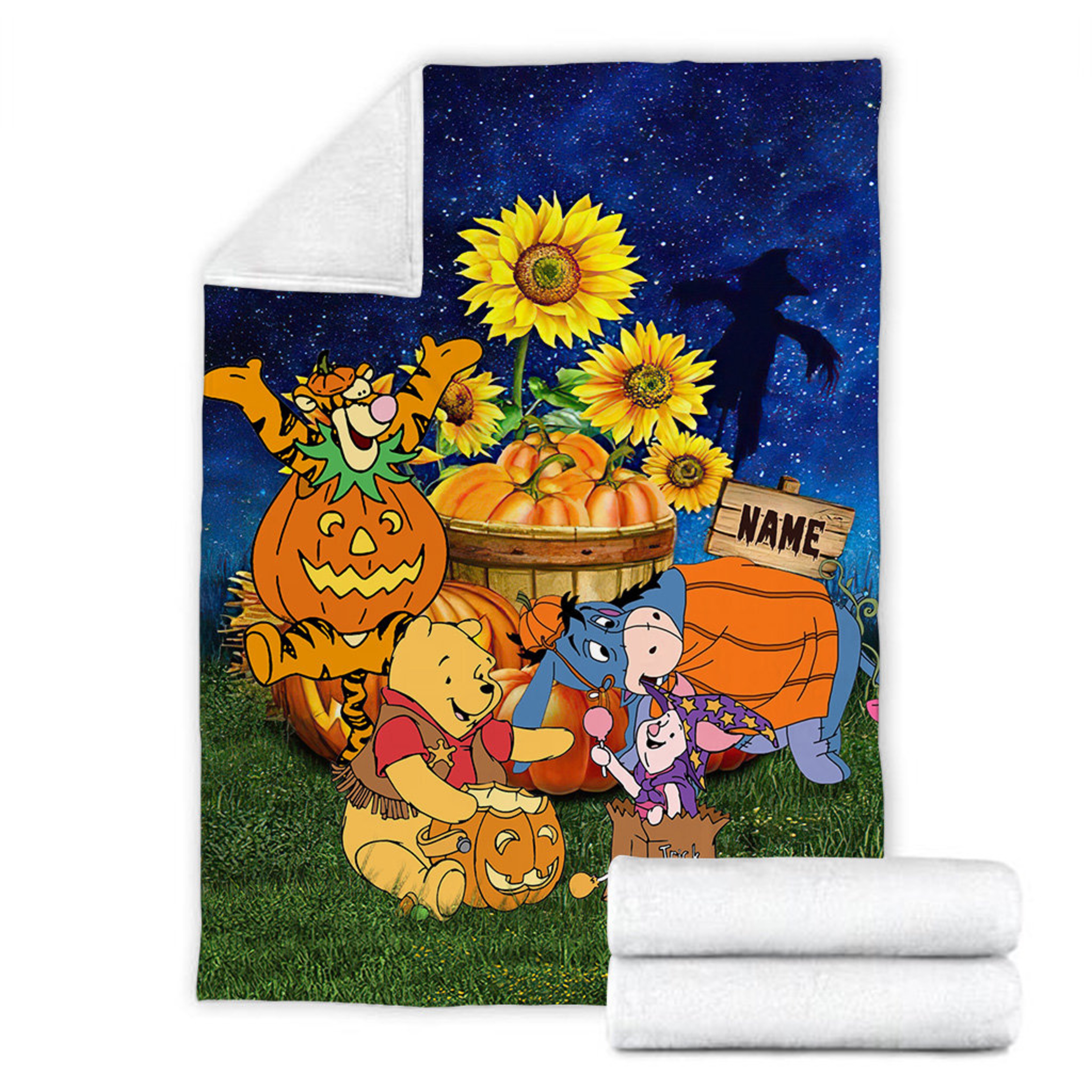 Custom Name Blanket - Halloween Winnie The Pooh - Pumpkin Thanksgiving Tiger Eeyore Piglet