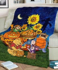 Custom Name Blanket - Halloween Winnie The Pooh - Pumpkin Thanksgiving Tiger Eeyore Piglet
