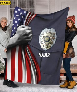 Custom Name Quilt Blanket, Police Academy Graduation, USA America Flag Police Retirement Blanket, Fleece Sherpa Quilt Blanket
