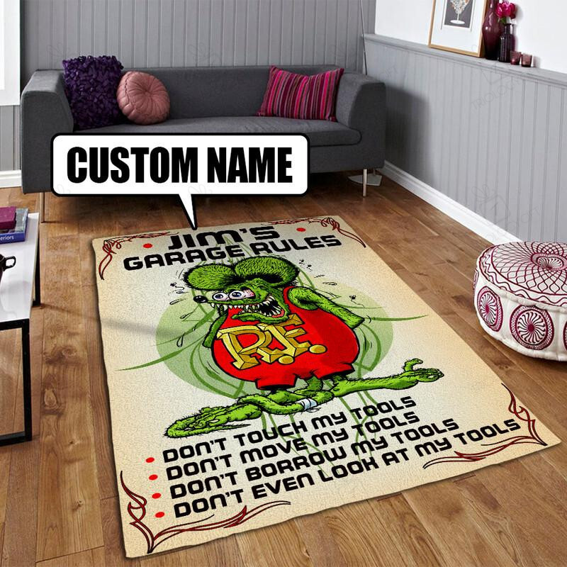 Custom Name Rat Fink Garage Rug Hot Rod Rug for Garage Bluefink