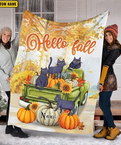 Fall Season Black Cat Halloween Blanket - Custom Name Blanket - Halloween Cat Pumpkin