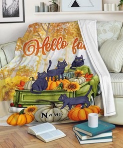 Fall Season Black Cat Halloween Blanket - Custom Name Blanket - Halloween Cat Pumpkin