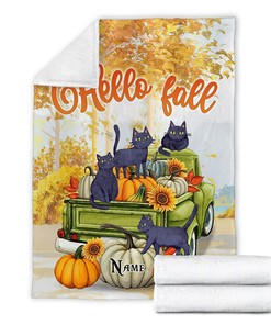 Fall Season Black Cat Halloween Blanket - Custom Name Blanket - Halloween Cat Pumpkin