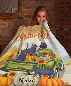 Fall Season Black Cat Halloween Blanket - Custom Name Blanket - Halloween Cat Pumpkin