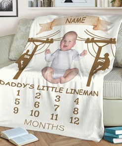 Father's Day Customized Quilt Blanket Gift For Him, Lineman Dad Fleece Quilt Blanket, Monthly Growth Quilt Blanket, Gift for Cooler Lineman