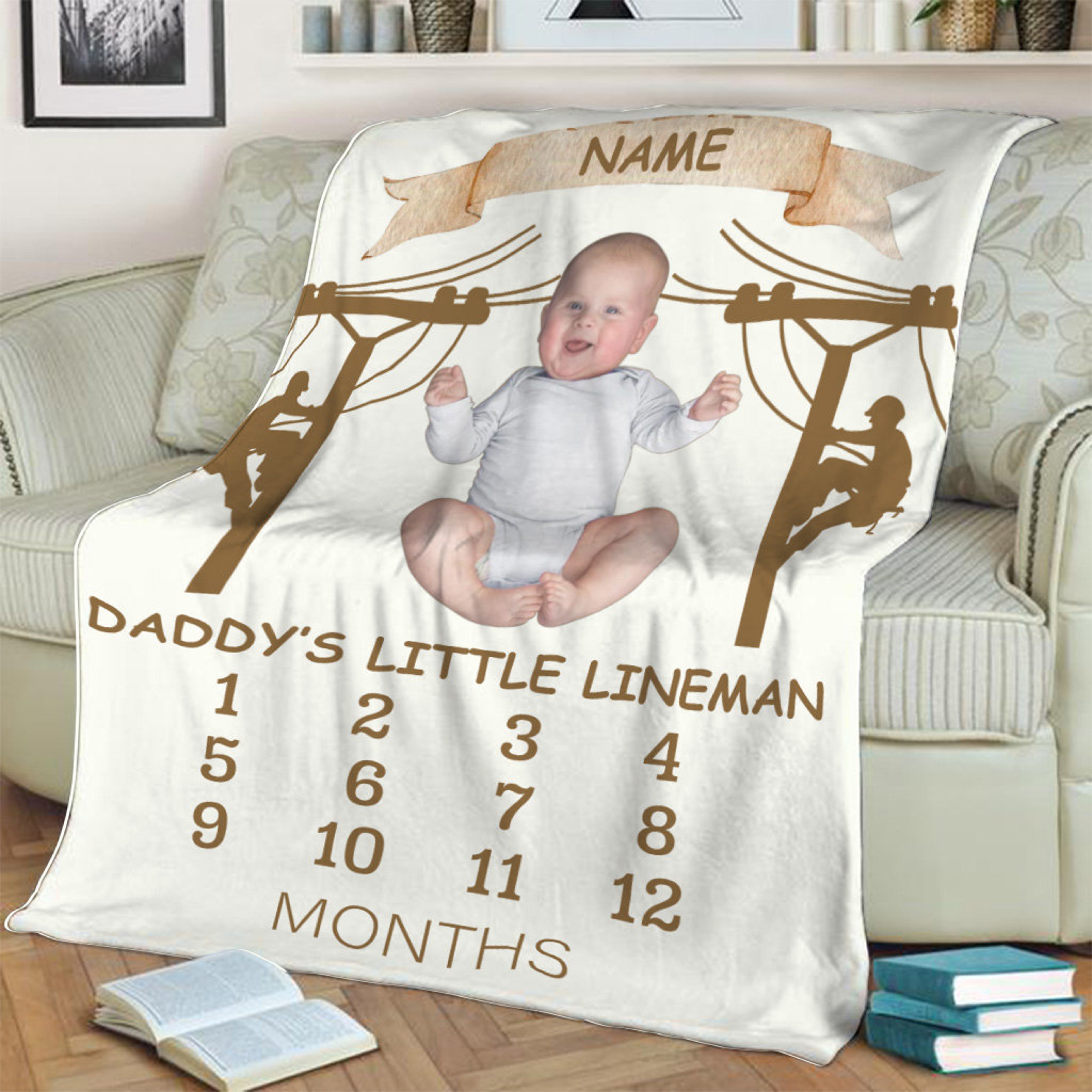 Father's Day Customized Quilt Blanket Gift For Him, Lineman Dad Fleece Quilt Blanket, Monthly Growth Quilt Blanket, Gift for Cooler Lineman