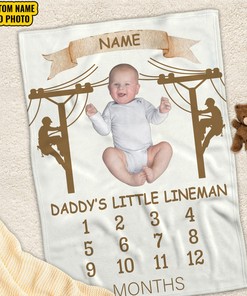 Father's Day Customized Quilt Blanket Gift For Him, Lineman Dad Fleece Quilt Blanket, Monthly Growth Quilt Blanket, Gift for Cooler Lineman