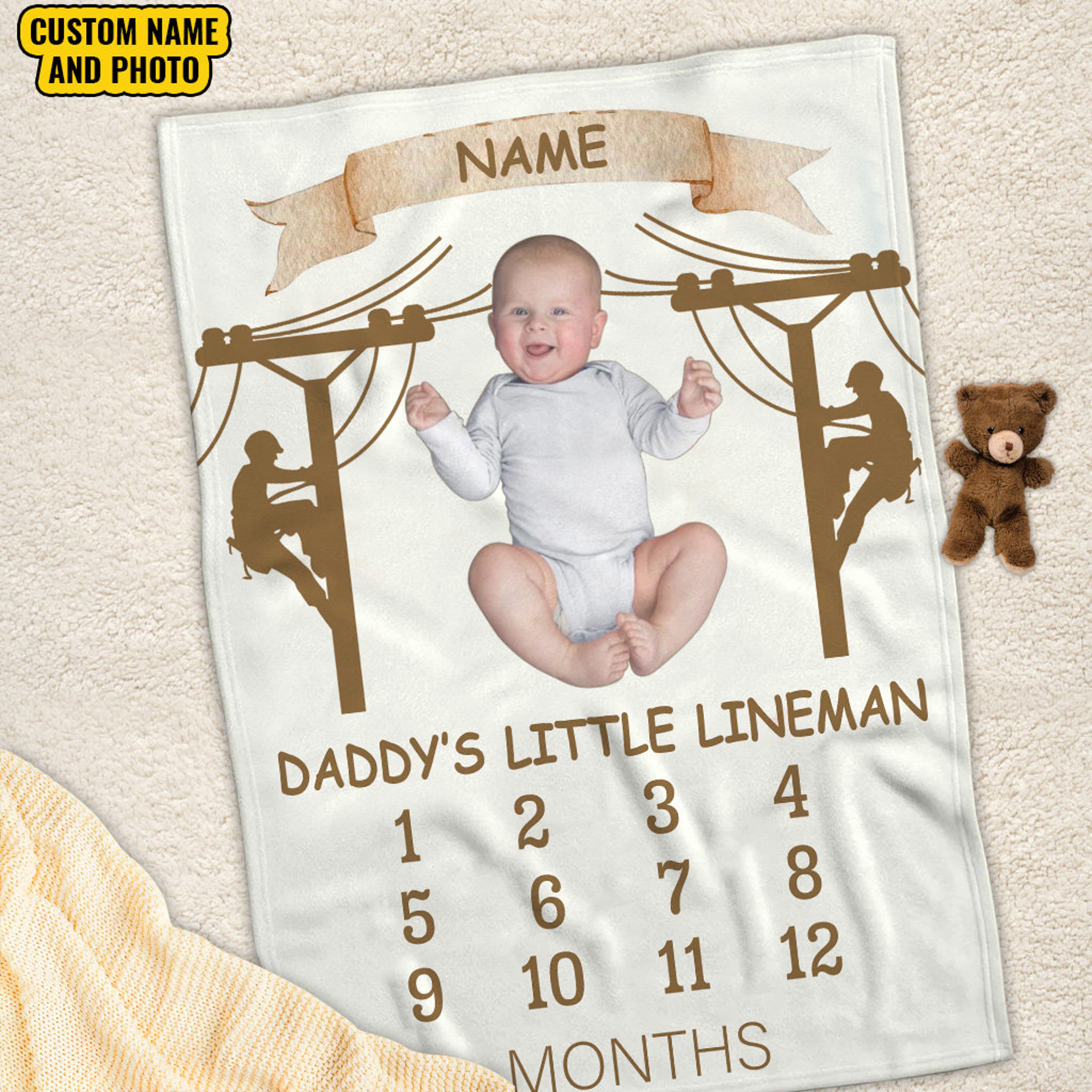 Father's Day Customized Quilt Blanket Gift For Him, Lineman Dad Fleece Quilt Blanket, Monthly Growth Quilt Blanket, Gift for Cooler Lineman