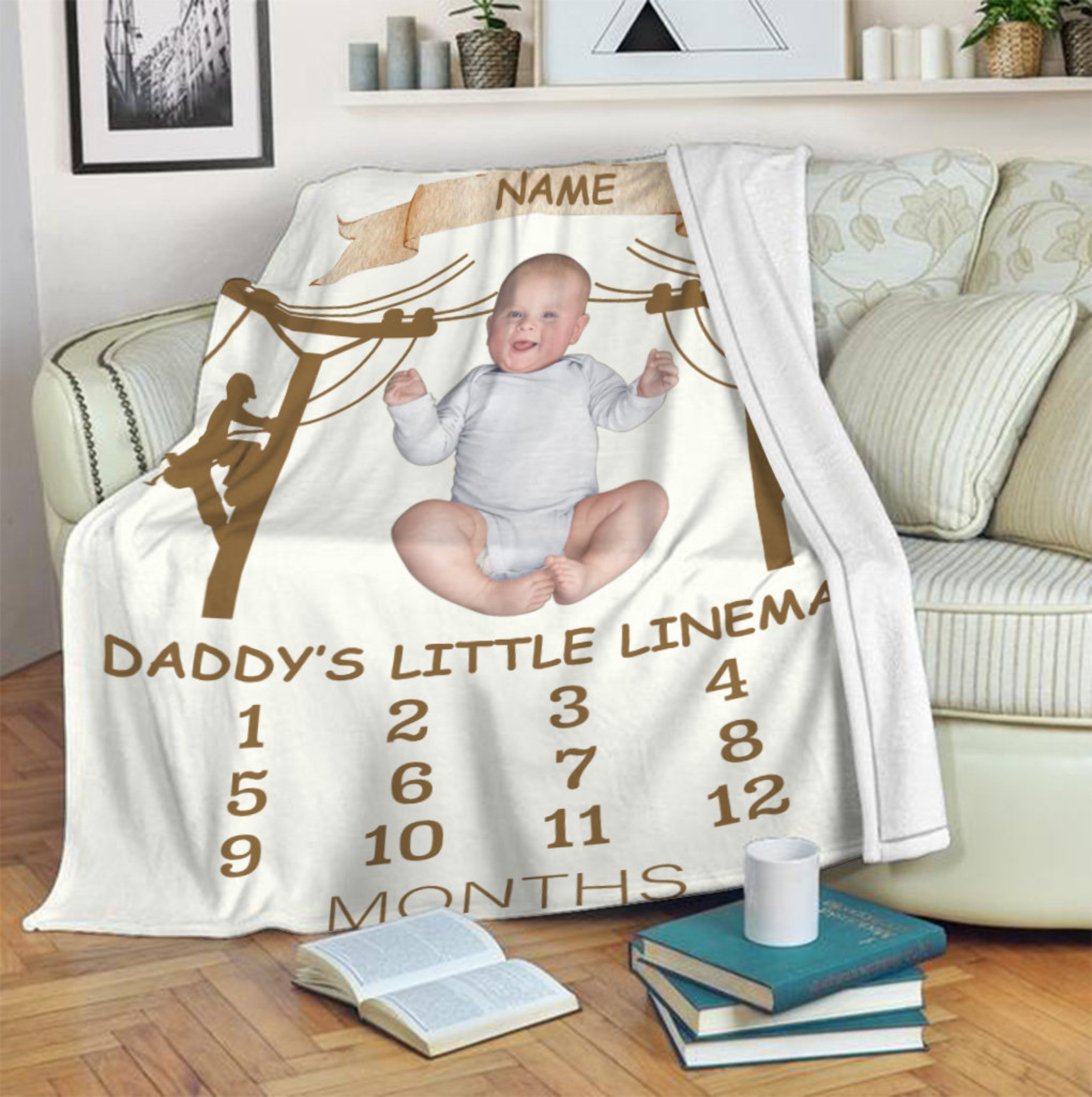 Father's Day Customized Quilt Blanket Gift For Him, Lineman Dad Fleece Quilt Blanket, Monthly Growth Quilt Blanket, Gift for Cooler Lineman