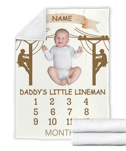 Father's Day Customized Quilt Blanket Gift For Him, Lineman Dad Fleece Quilt Blanket, Monthly Growth Quilt Blanket, Gift for Cooler Lineman
