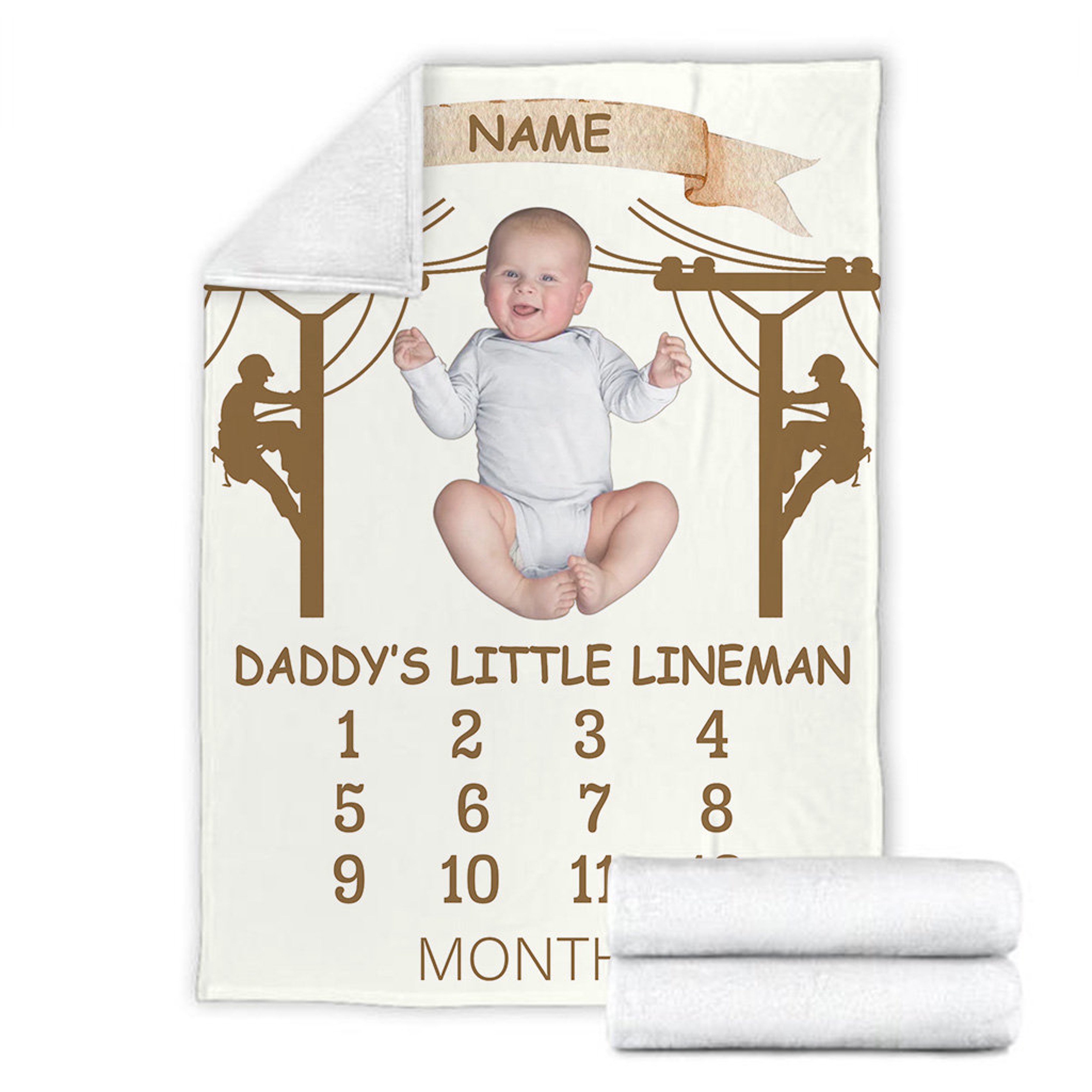 Father's Day Customized Quilt Blanket Gift For Him, Lineman Dad Fleece Quilt Blanket, Monthly Growth Quilt Blanket, Gift for Cooler Lineman