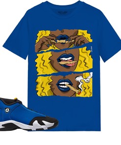 Girl Rolling Blunt Shirt Match Jordan 14 Laney Shirt In Color Royal