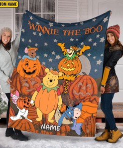 Halloween Winnie The Pooh Blanket - Custom Name Pumpkin Blanket - Fall Autumn Thanksgiving
