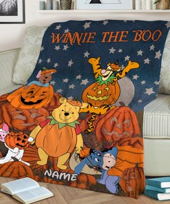 Halloween Winnie The Pooh Blanket - Custom Name Pumpkin Blanket - Fall Autumn Thanksgiving