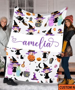 Halloween Witch Chibi Blanket - Custom Name Witch Blanket - Halloween Baby Blanket