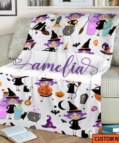 Halloween Witch Chibi Blanket - Custom Name Witch Blanket - Halloween Baby Blanket