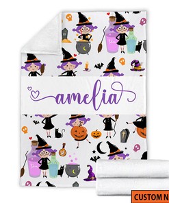 Halloween Witch Chibi Blanket - Custom Name Witch Blanket - Halloween Baby Blanket