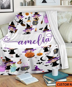 Halloween Witch Chibi Blanket - Custom Name Witch Blanket - Halloween Baby Blanket