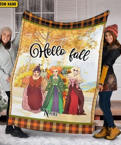 Hello Fall Hocus Pocus Blanket - Custom Name Fleece Blanket - Sanderson Sisters Halloween
