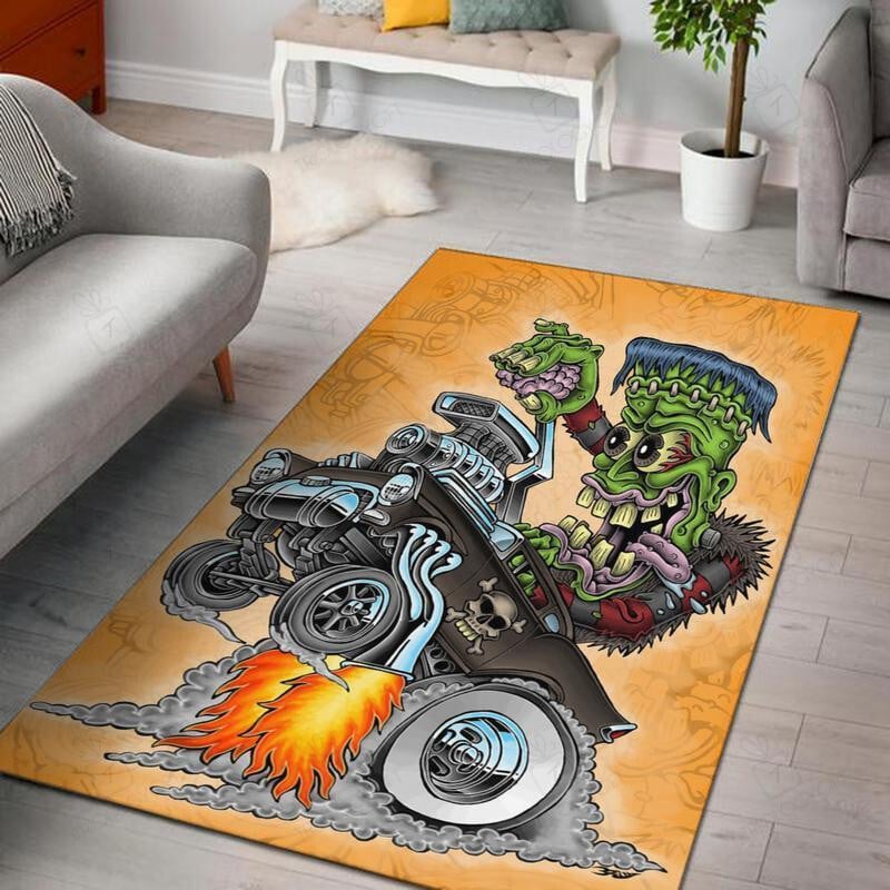 Hot Rod Muscle Car Area Rug, Rat Fink Rug for Garage Hot Rod Rug for Garage