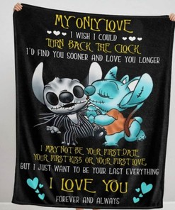 Jack Skellington Blanket, Jack and Sally Stitch Love Fleece Blanket - Halloween Valentine Gift