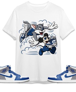 Jordan 1 High OG True Blue Unisex Shirt Cat And Mouse Chasing, Shirt To Match Sneaker