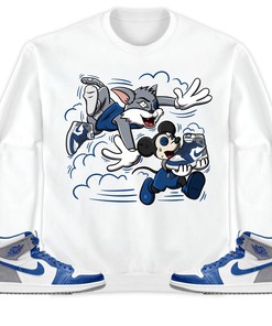 Jordan 1 High OG True Blue Unisex Shirt Cat And Mouse Chasing, Shirt To Match Sneaker