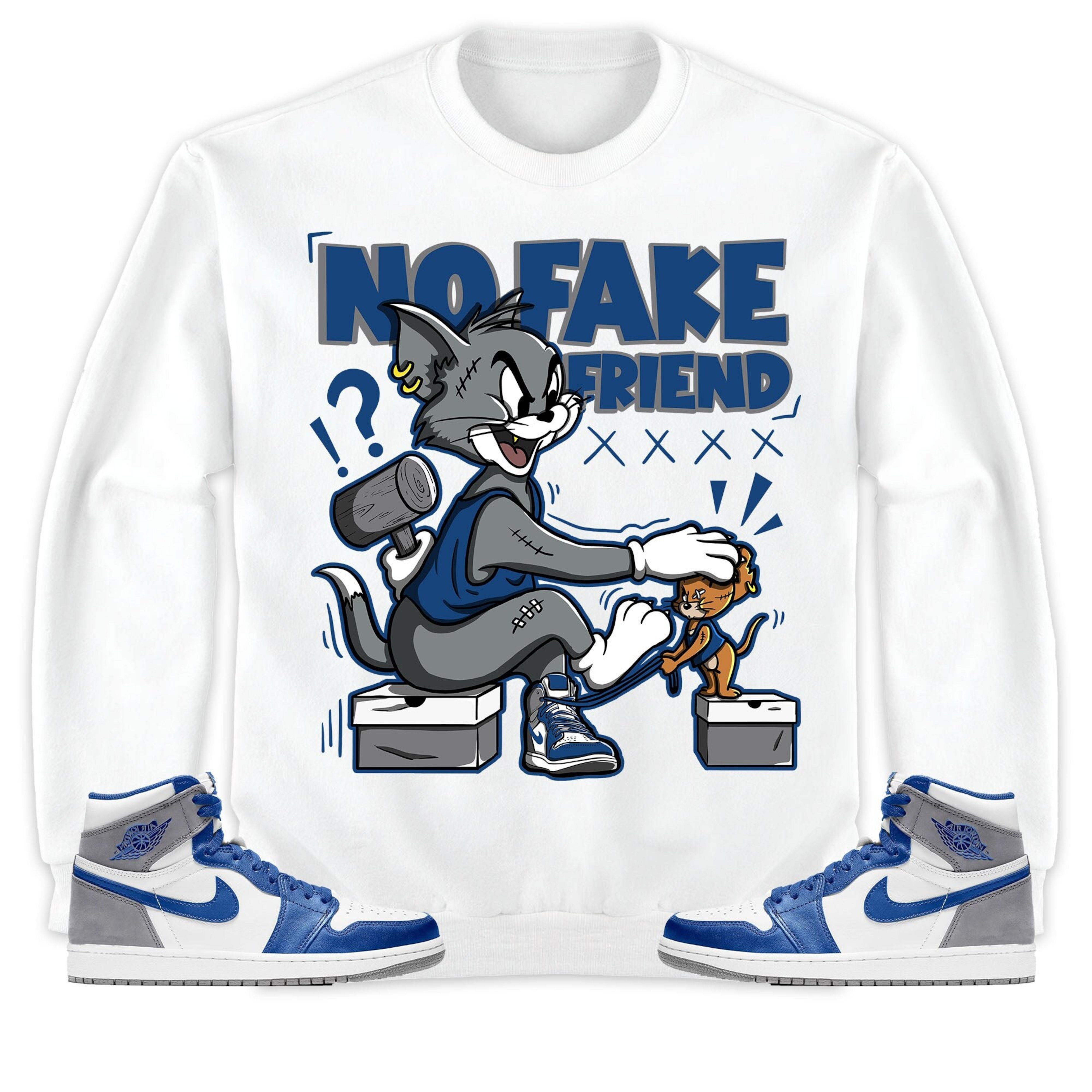 Jordan 1 High OG True Blue Unisex Shirt Fake Friend Cat And Mouse, Shirt To Match Sneaker