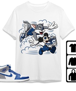 Jordan 1 High OG True Blue Unisex Shirt Hoodie Sweatshirt Cat And Mouse Chasing, Shirt To Match Sneaker