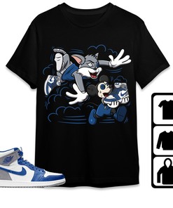 Jordan 1 High OG True Blue Unisex Shirt Hoodie Sweatshirt Cat And Mouse Chasing, Shirt To Match Sneaker