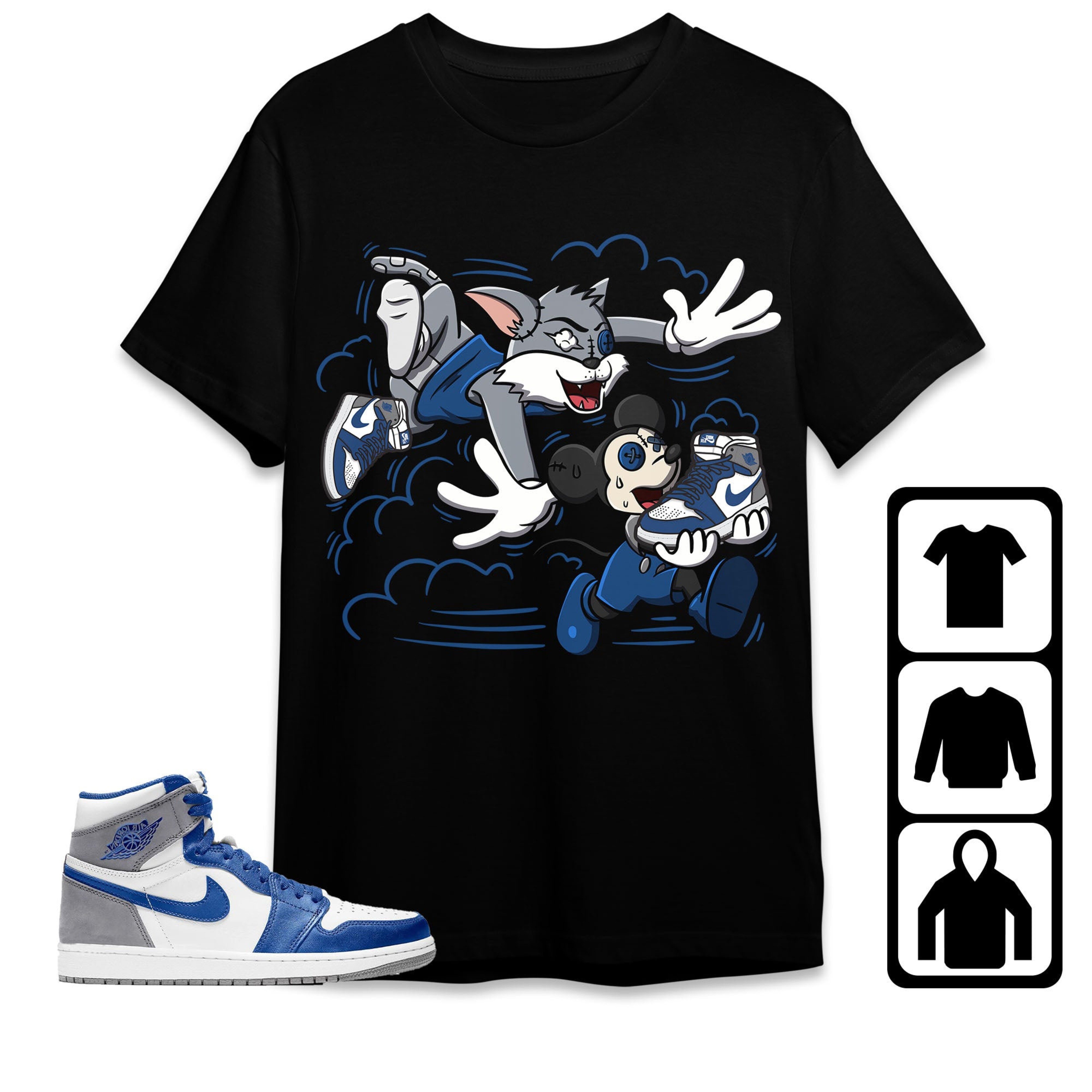 Jordan 1 High OG True Blue Unisex Shirt Hoodie Sweatshirt Cat And Mouse Chasing, Shirt To Match Sneaker
