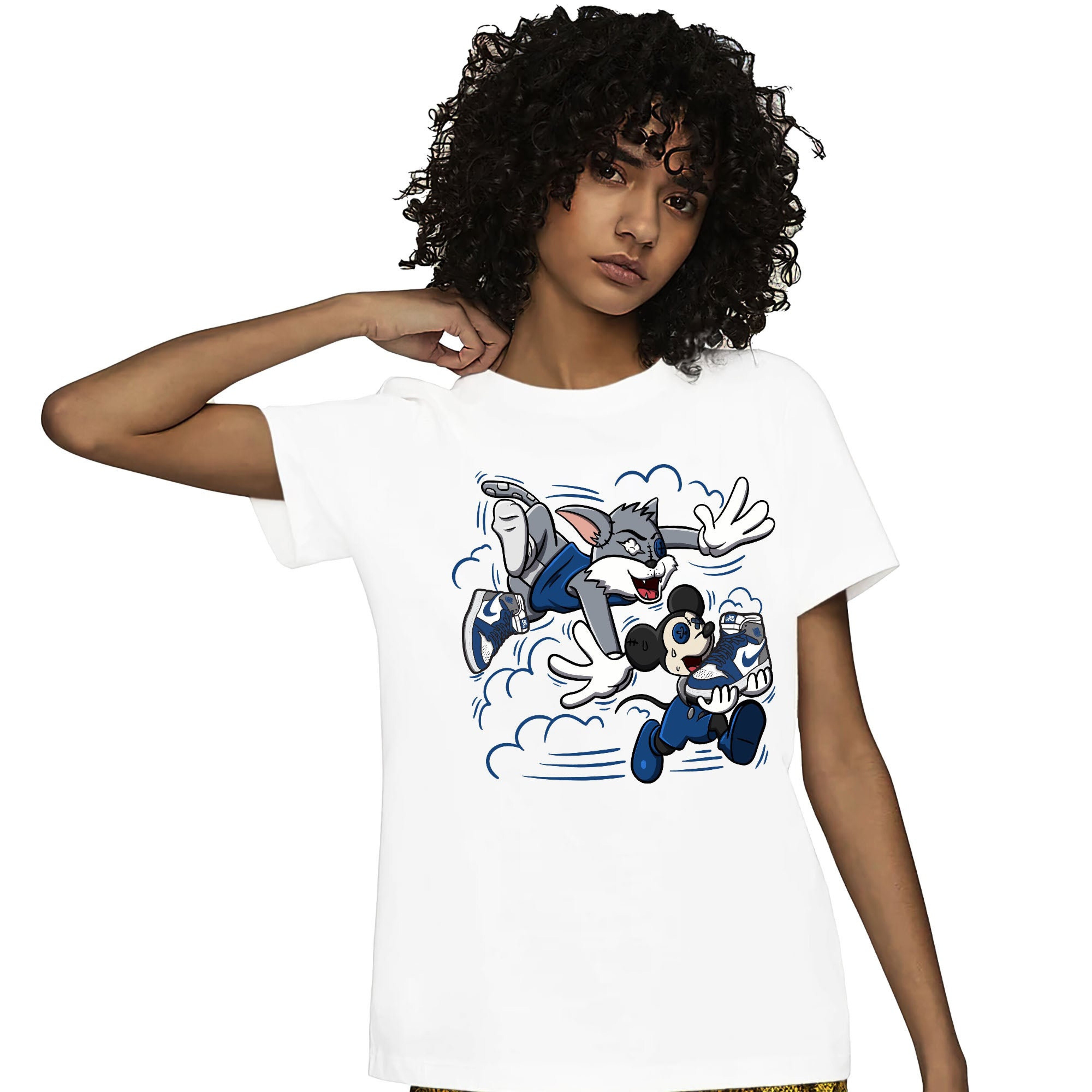 Jordan 1 High OG True Blue Unisex Shirt Hoodie Sweatshirt Cat And Mouse Chasing, Shirt To Match Sneaker
