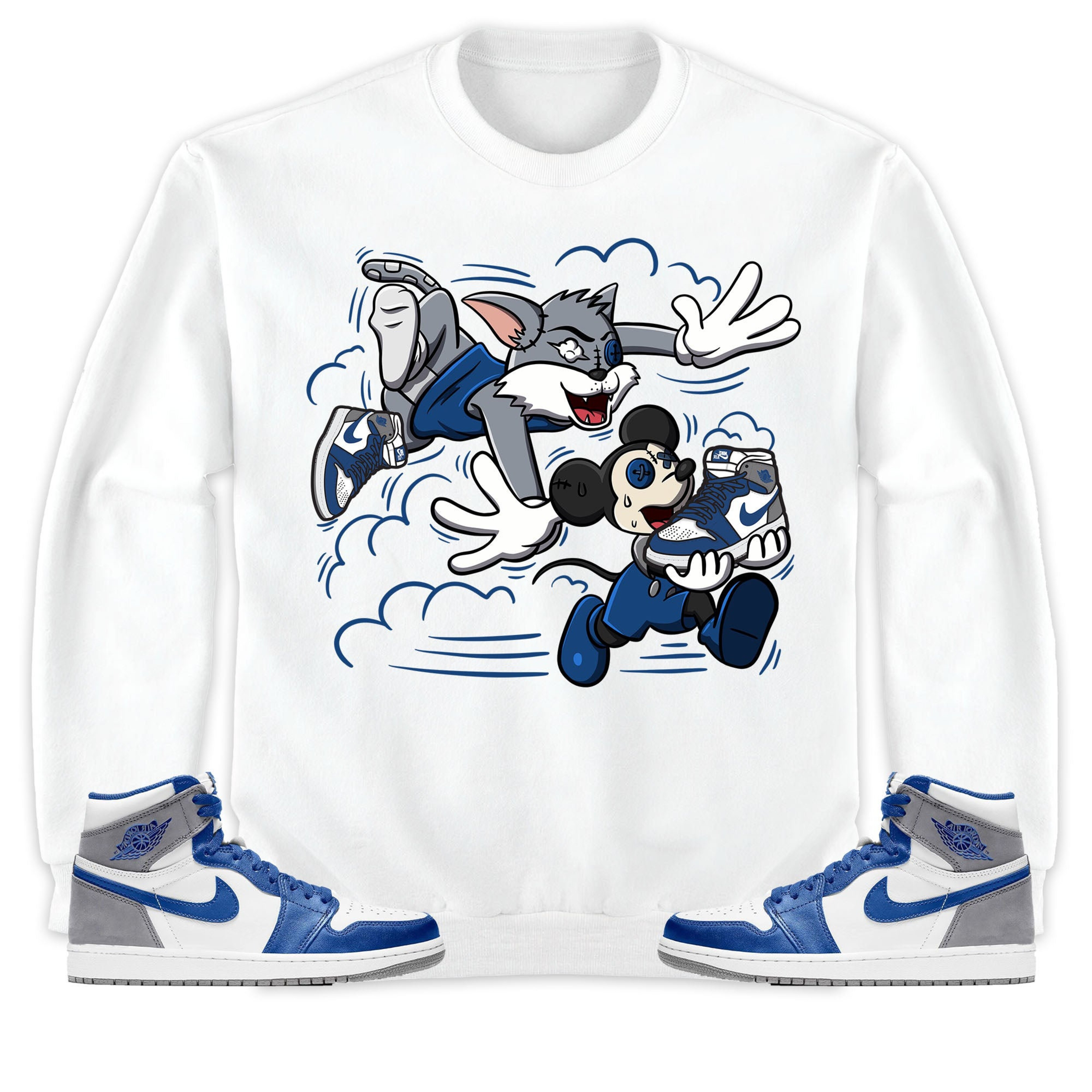 Jordan 1 High OG True Blue Unisex Shirt Hoodie Sweatshirt Cat And Mouse Chasing, Shirt To Match Sneaker