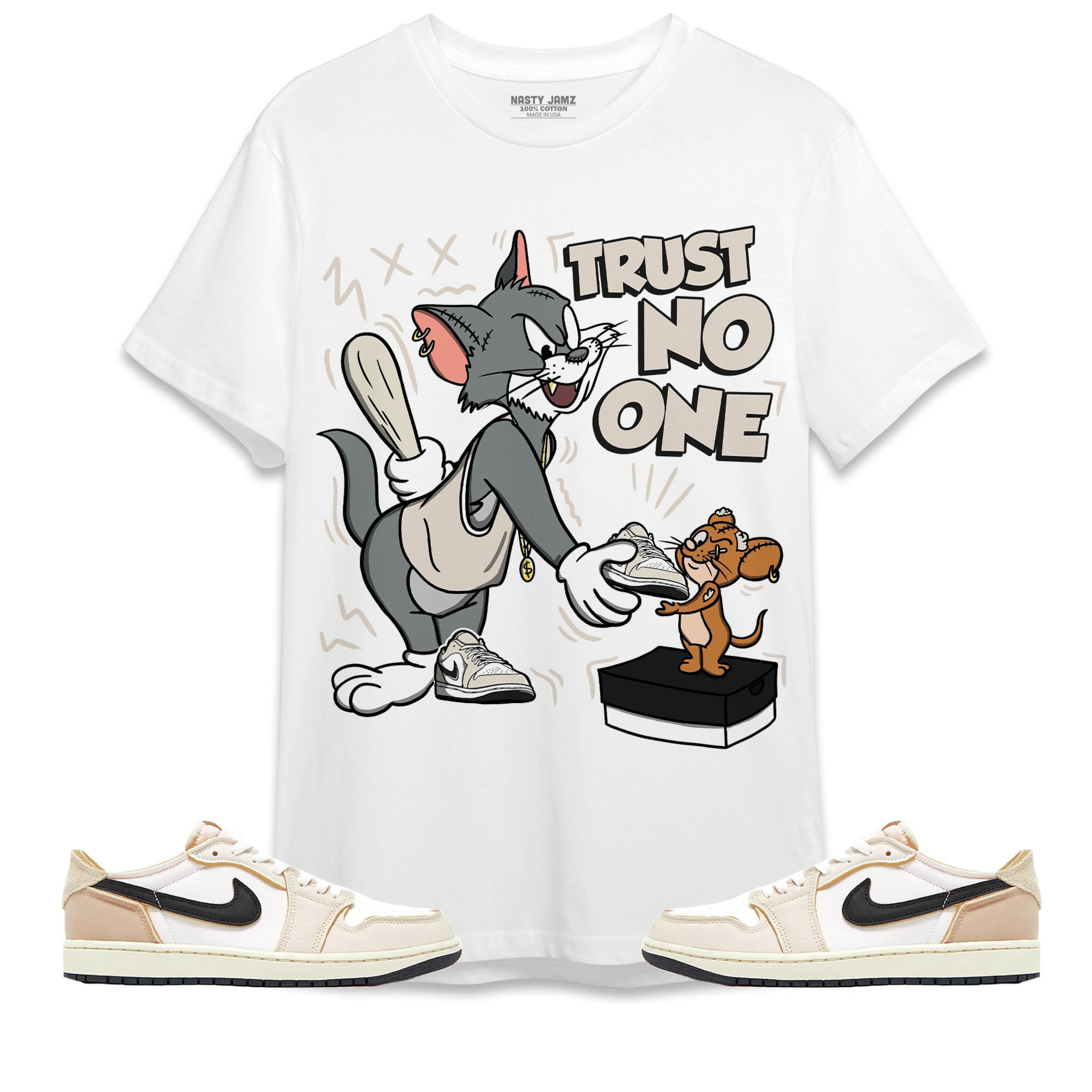 Jordan 1 Low OG EX Coconut Milk Unisex Shirt Trust No One Cat And Mouse, Shirt To Match Sneaker