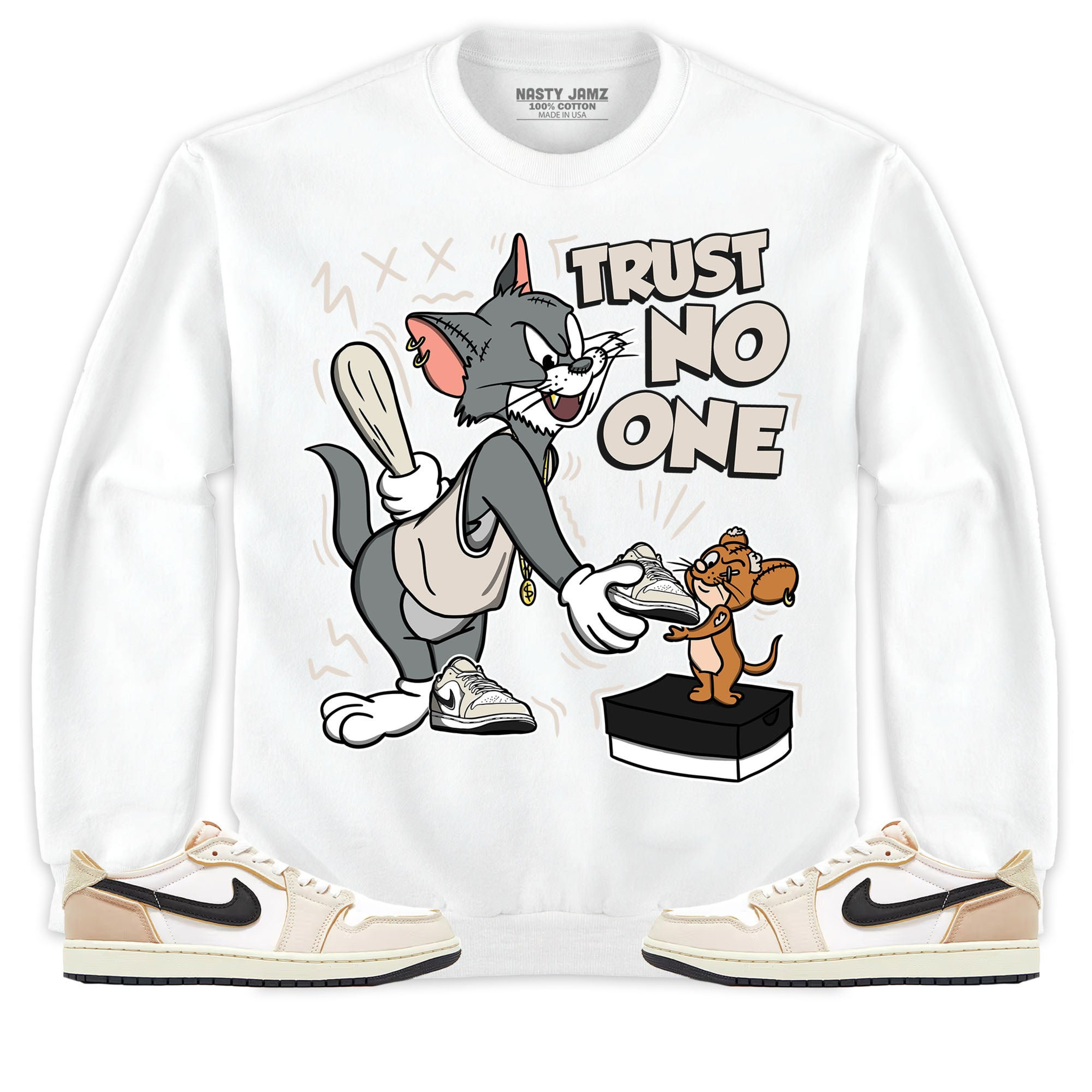 Jordan 1 Low OG EX Coconut Milk Unisex Shirt Trust No One Cat And Mouse, Shirt To Match Sneaker