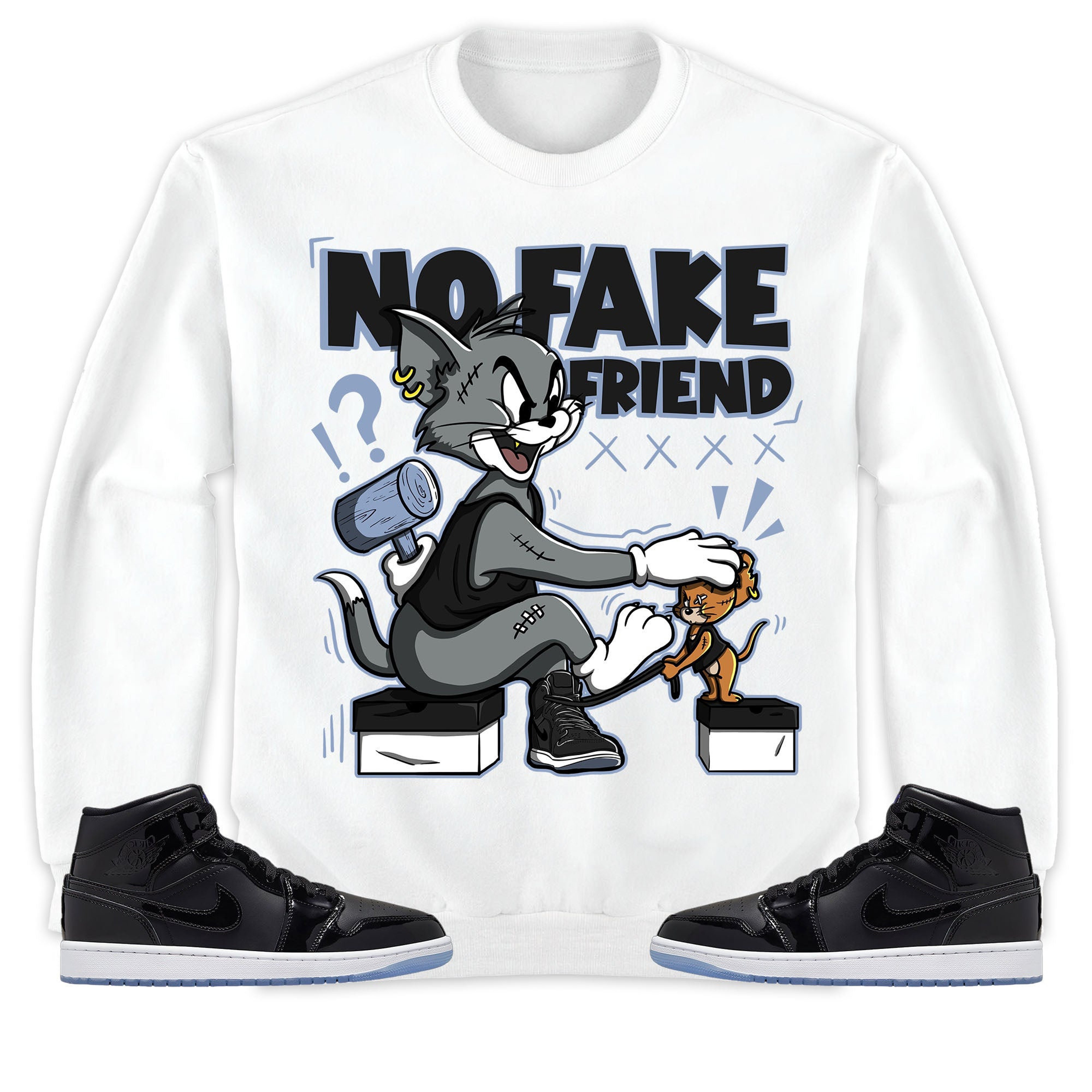 Jordan 1 Mid Space Jam Unisex Sweatshirt, Hoodie Fake Friend Cat And Mouse, Shirt To Match Sneaker