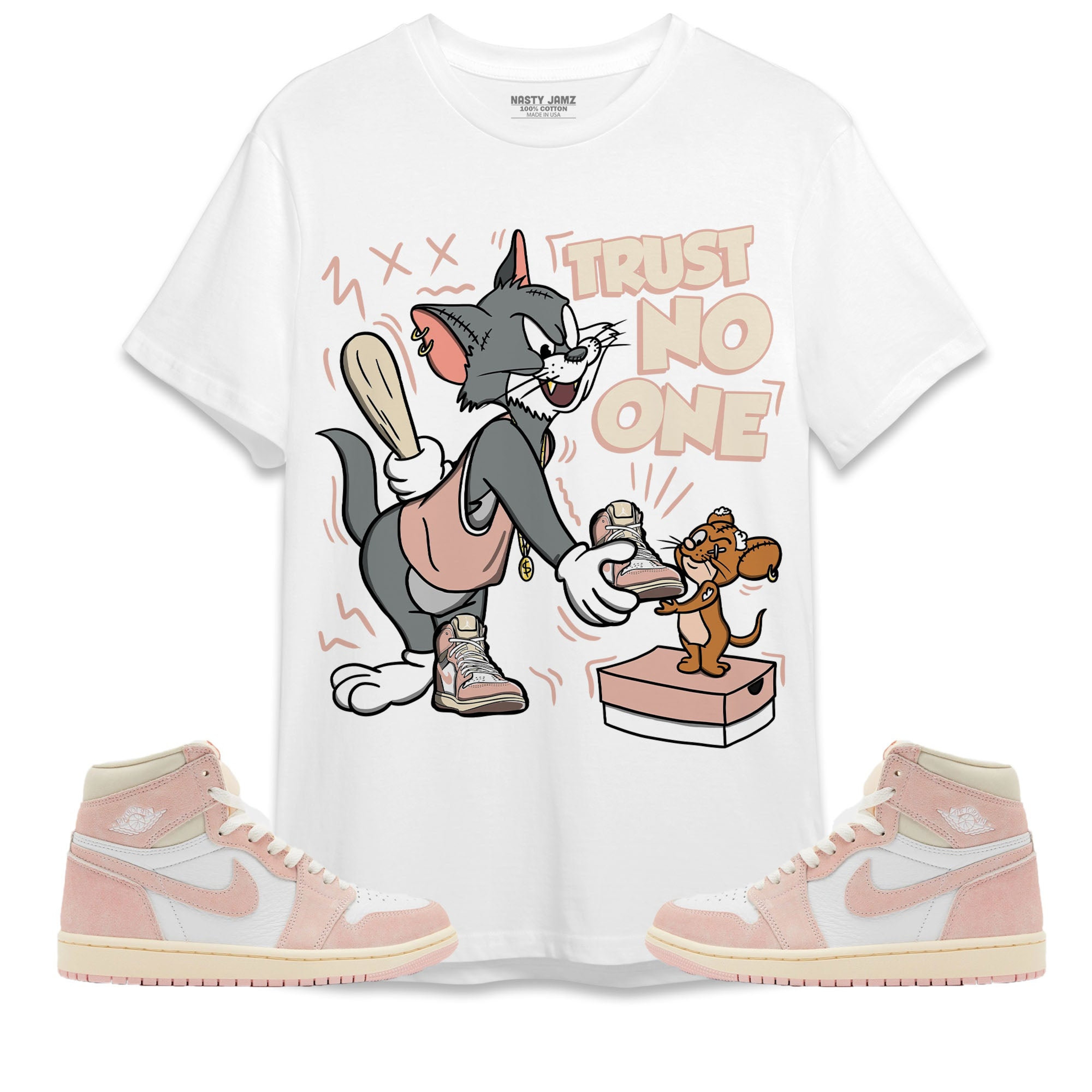Jordan 1 OG Washed Pink Unisex Shirt Trust No One Cat And Mouse, Shirt To Match Sneaker