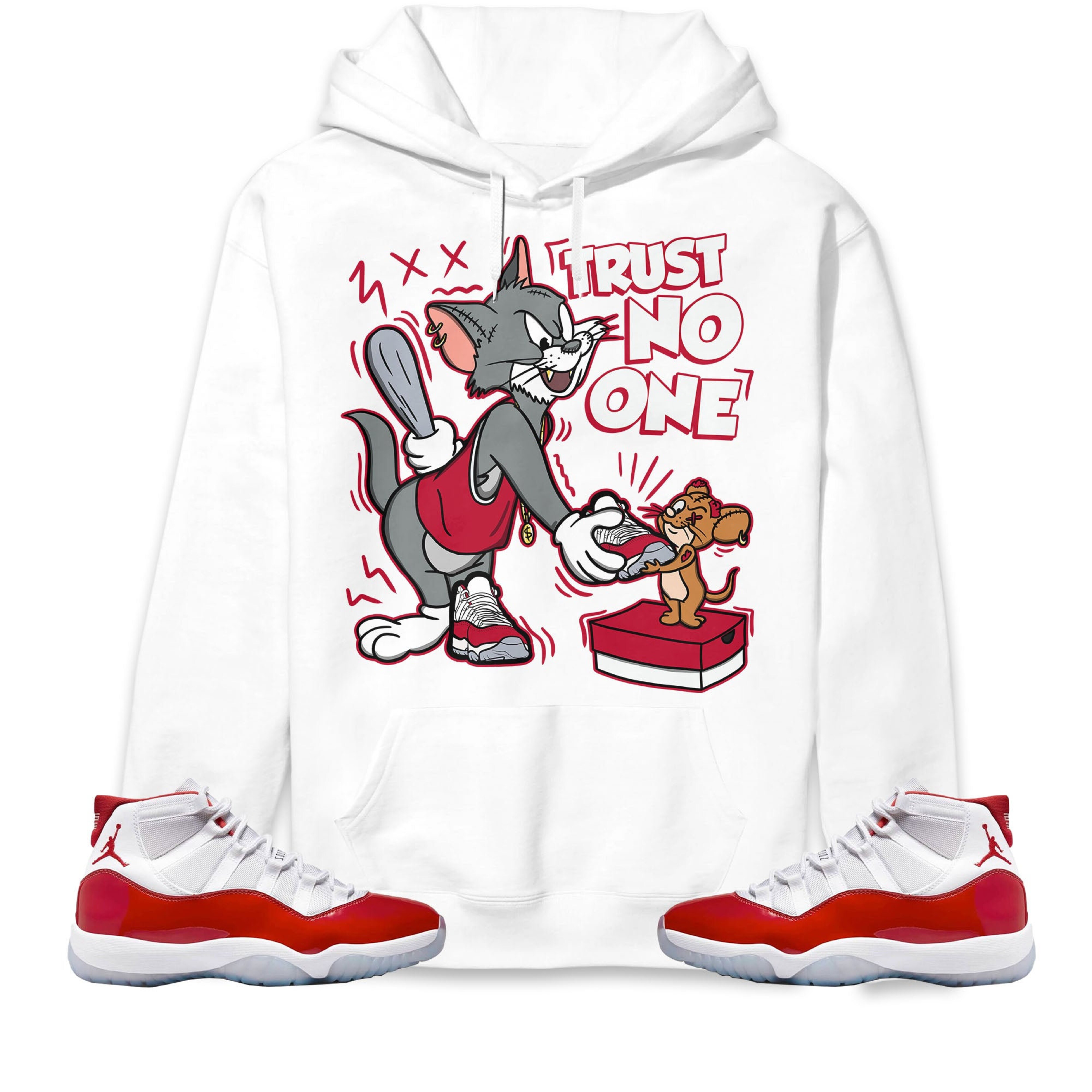 Jordan 11 Cherry Unisex Sweatshirt, Hoodie Trust No One Cat And Mouse, Shirt To Match Sneaker