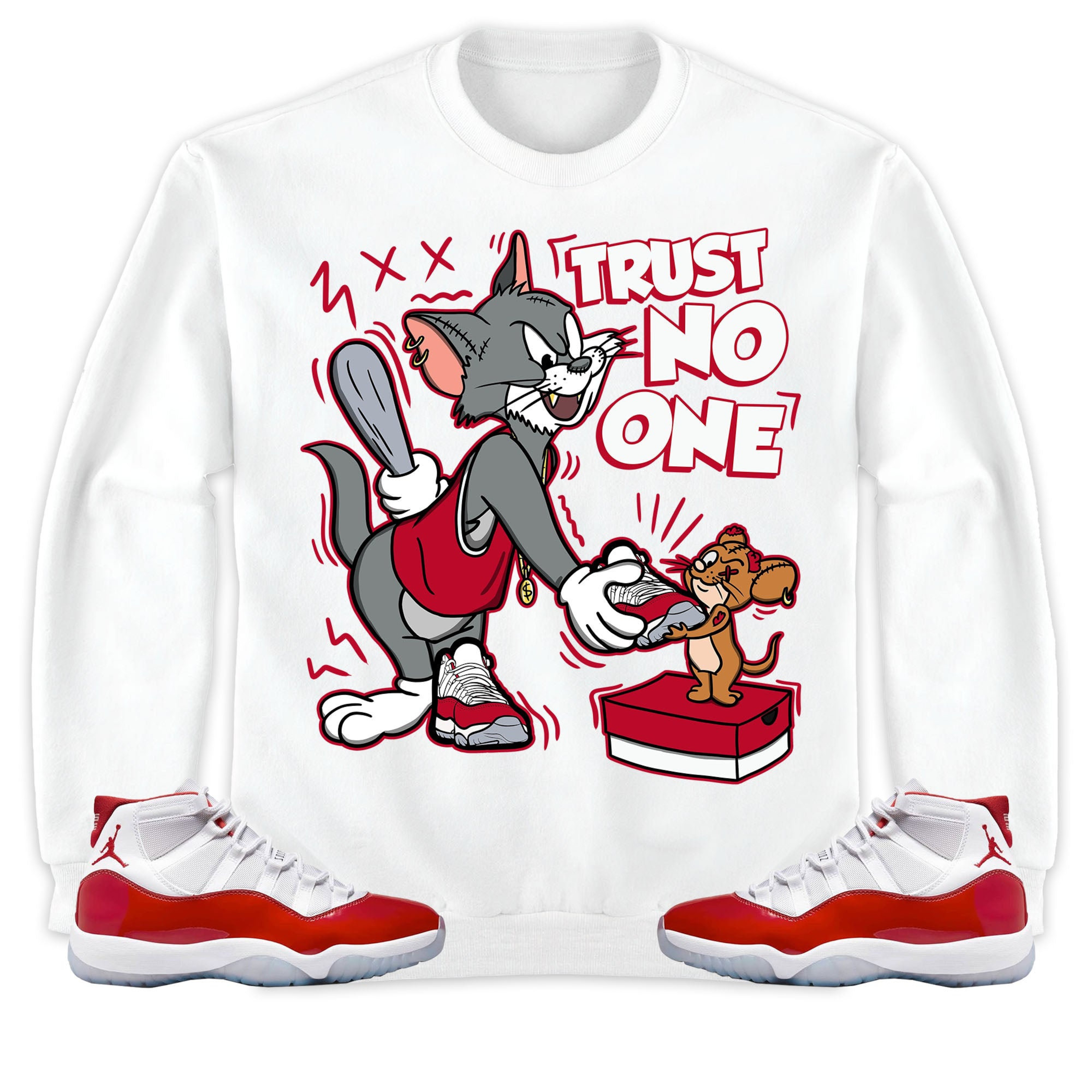 Jordan 11 Cherry Unisex Sweatshirt, Hoodie Trust No One Cat And Mouse, Shirt To Match Sneaker