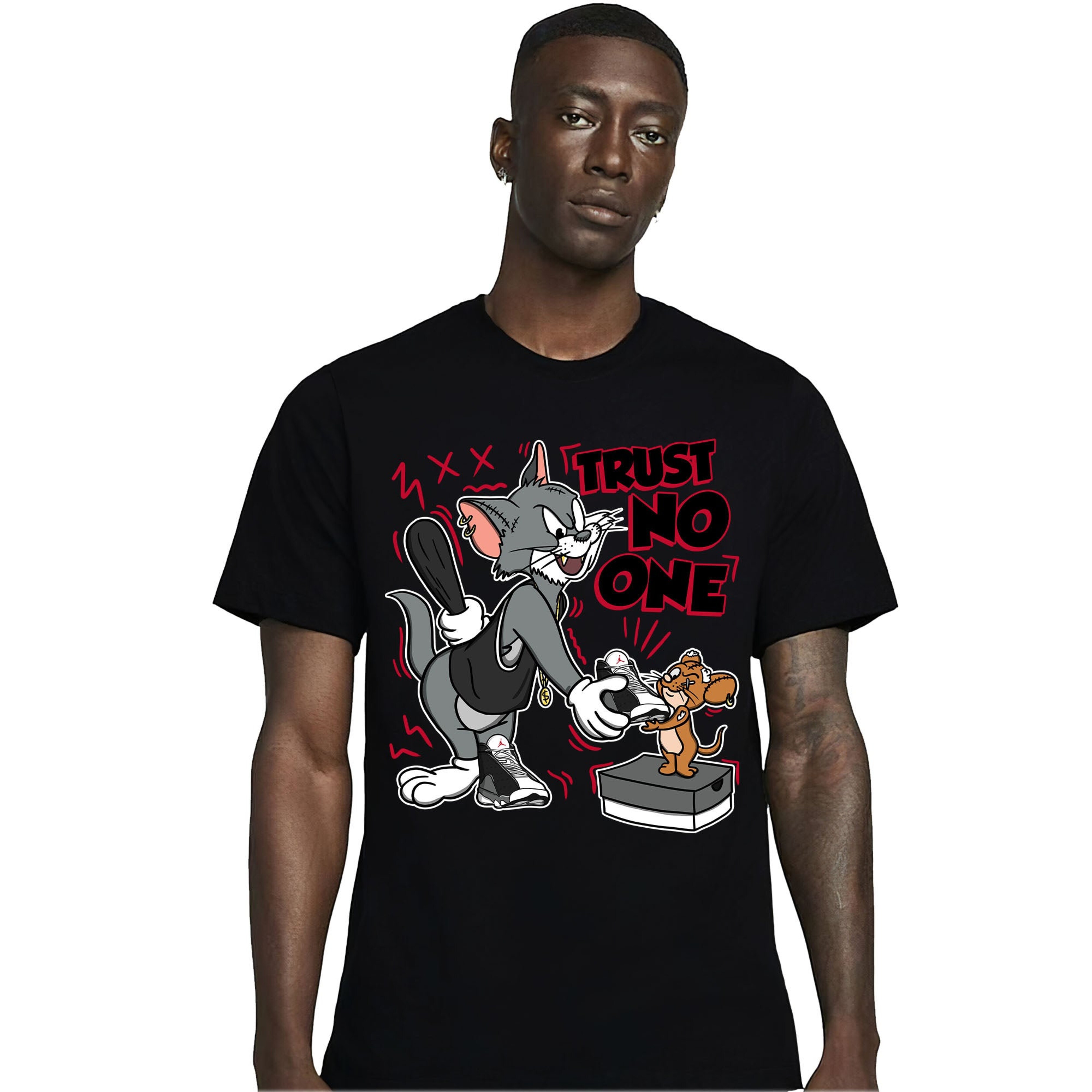 Jordan 13 Black Flint Unisex Shirt Trust No One Cat And Mouse, Shirt To Match Sneaker
