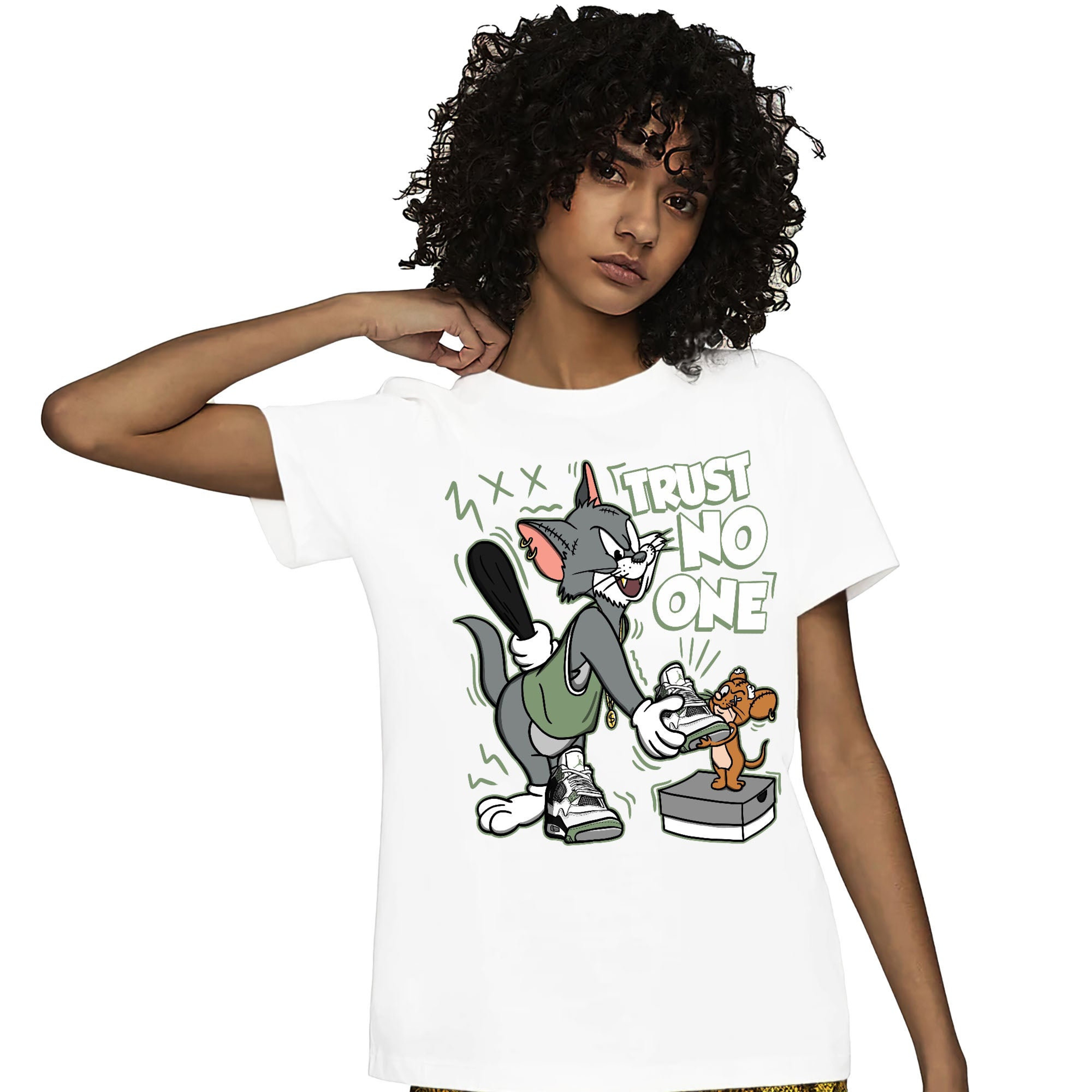 Jordan 4 Seafoam Oil Green Unisex Shirt Trust No One Cat And Mouse, Shirt To Match Sneaker